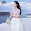 Xiangying Damen Lila Lochstrick Kurzarm Top