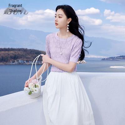Xiangying Damen Lila Lochstrick Kurzarm Top