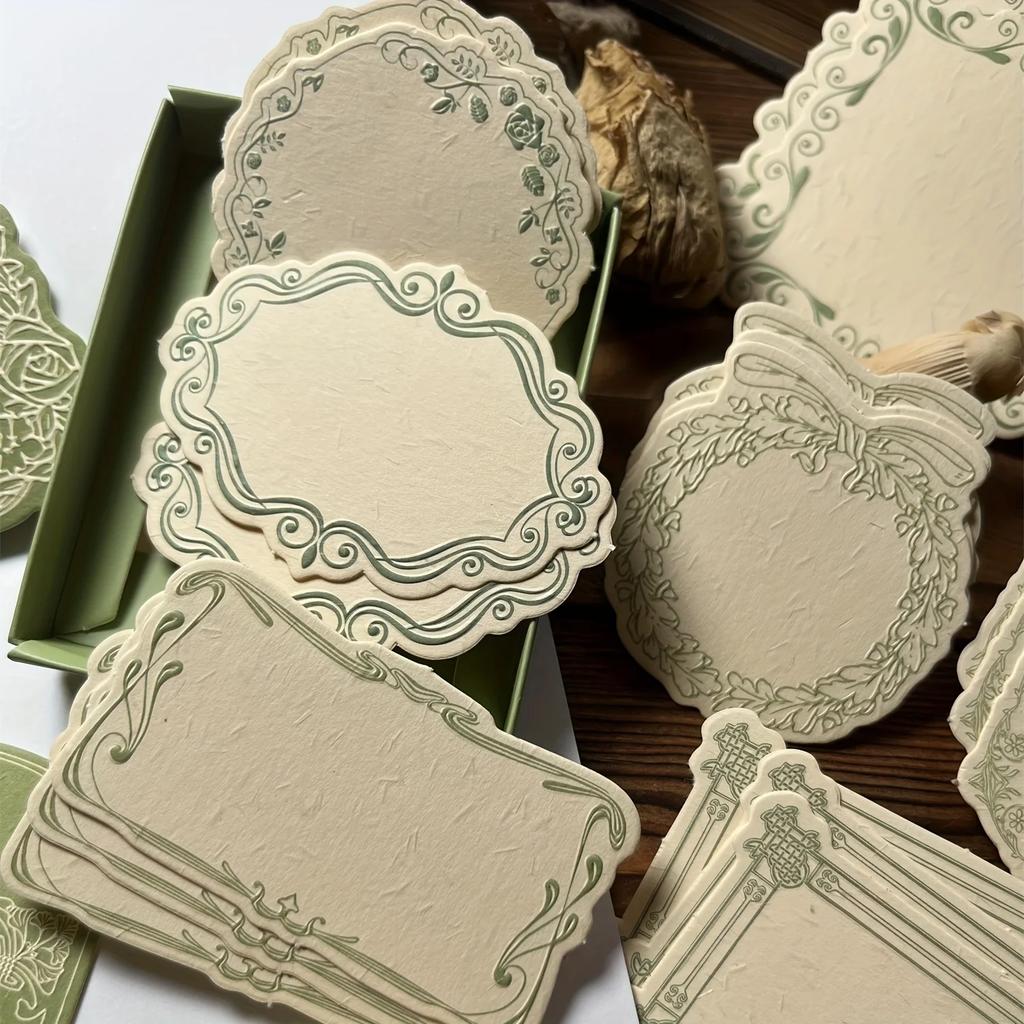 30pcs/box Vintage Embossed Note Cards with Floral & Geometric Designs - Textured Green Paper for Journaling, Scrapbooking