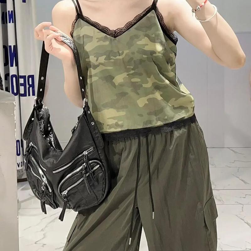 Vintage Large Capacity Soft Leather Black Motorcycle Bag Women's Simple Design Versatile Single Shoulder Crossbody Bag KTY