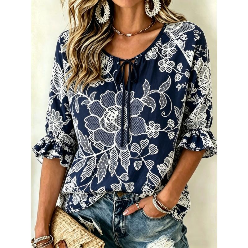 Women's Brown Lace Floral Print Tie Front Blouse, Casual Loose Top for Spring Summer Daily Wear