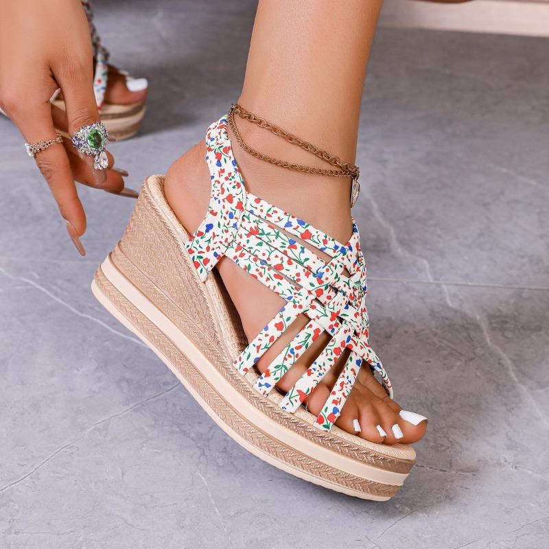 Spring and Summer New Slope Heel Platform Women's Shoes Large Size Printing Casual Platform Muffin Fish Mouth Sandals Women