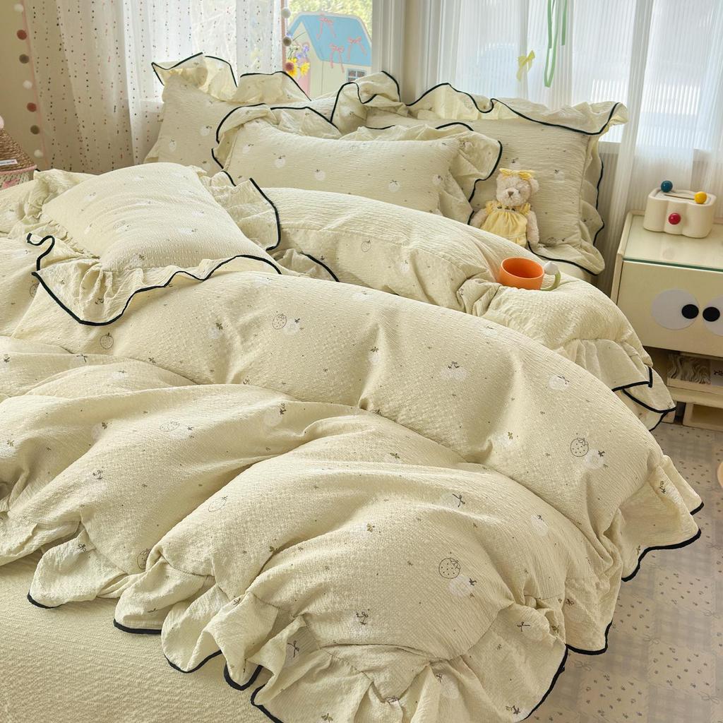 Bubble Cotton Fresh Floral Lace Bedding Set - 4-Piece Soft Duvet Cover & Sheet