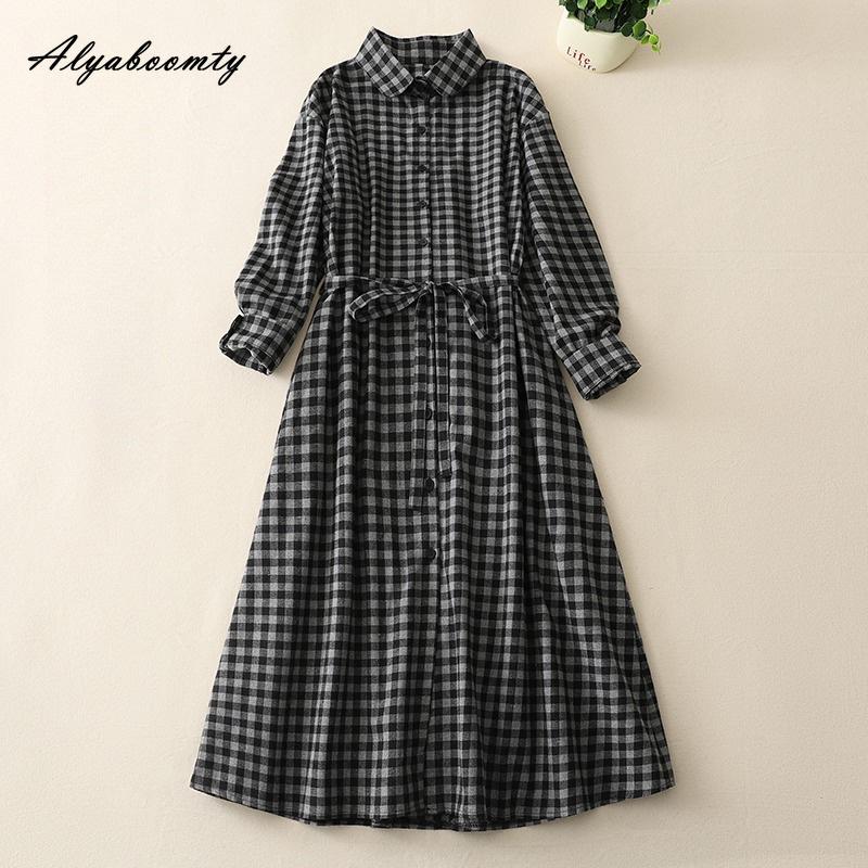 Mori Girl Spring Autumn Women Midi Shirt Dress Turn-Down Collar Vintage Plaid Casual Loose Dress Retro Cotton Elegant A-Line Dress