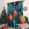 2pcs 2D Flat Printing Christmas Party Curtain Christmas Red Orange Orbs with Blue Snowflakes and Winter Branches Versatile