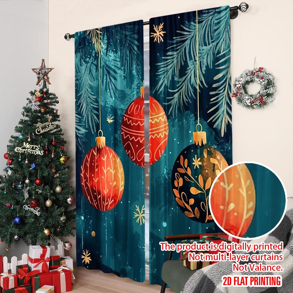 2pcs 2D Flat Printing Christmas Party Curtain Christmas Red Orange Orbs with Blue Snowflakes and Winter Branches Versatile