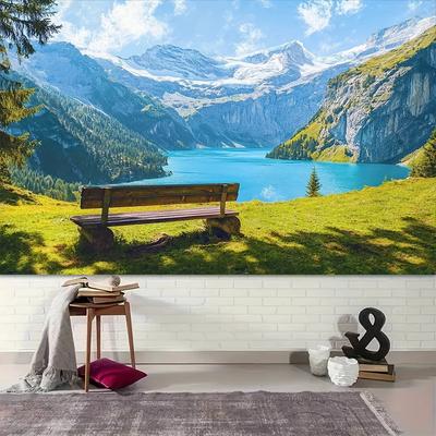 1 Piece of 2D Background Photography Fabric - Lake and Mountain Long Bench for a Peaceful Party Backdrop Decoration