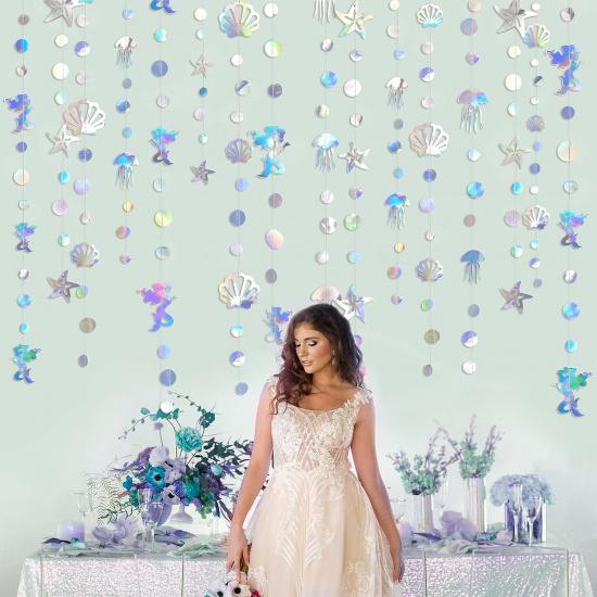 40 Ft Iridescent Mermaid Garland with Jellyfish Seashell Starfish Pearl Holographic Paper Streamer for Little Mermaid Rainbow Theme Birthday