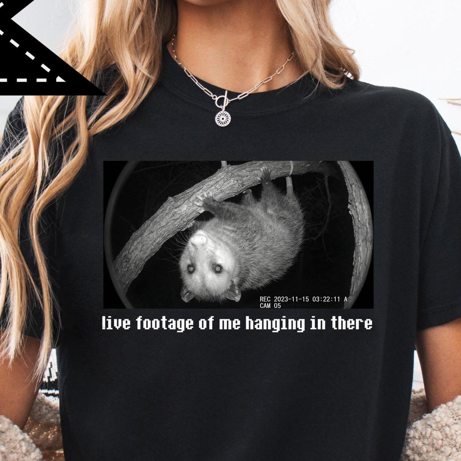 Hanging in there Tee, Mental Health Tee, Funny Opossum Shirt, Gift for Dog Lovers, Animal Meme Graphic Tee, Silly Animal Meme Gift 4XL