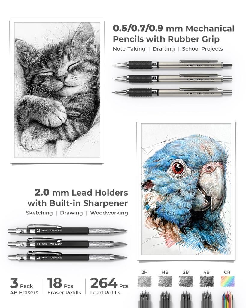 Four Candies 45-Piece Stationery Set: Pencil Case, Mechanical Pencils (0.5, 0.7, 0.9 & 2.0mm), Gel Pens, Highlighters, Writing Utensils, School Suppli