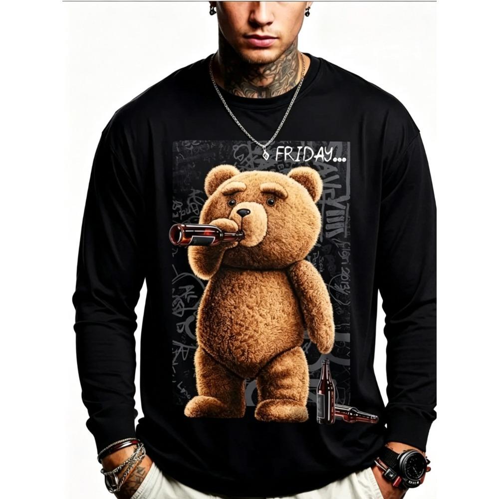 Autumn Round Neck Fashionable Versatile Leisure 3D Long Sleeved T-shirt Fun Cartoon Animal Printed T-shirt Men Loose Large T-shirt