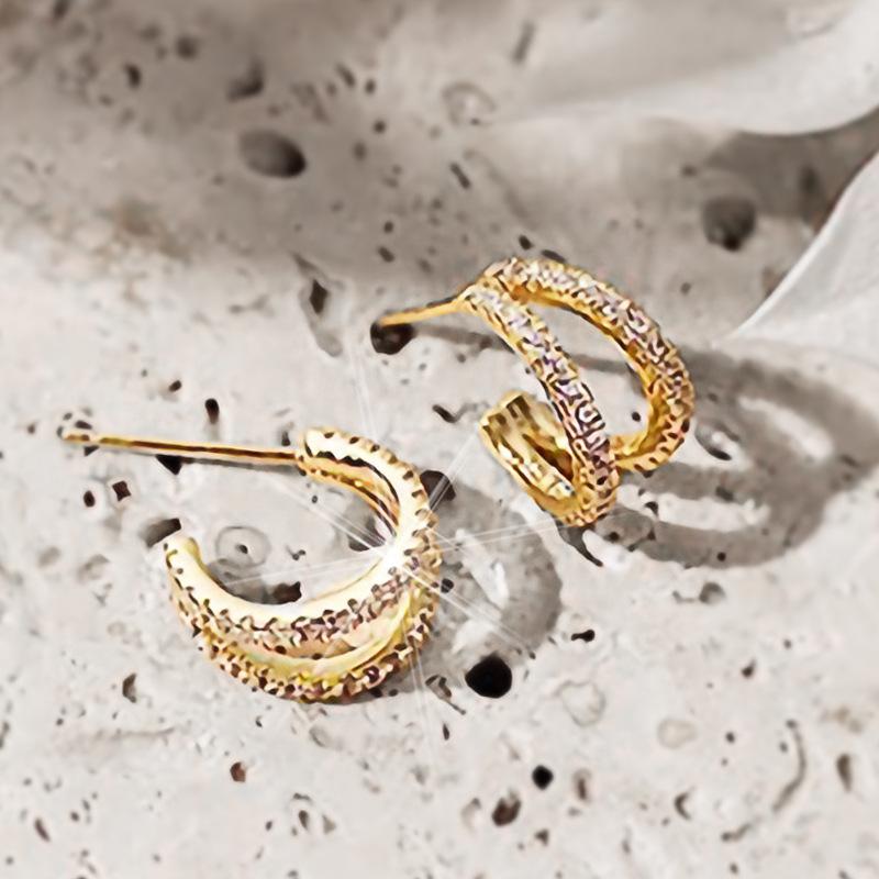 Gold Plated Double Row Paved Cubic Zirconia C Shaped Half Hoop Stud Earrings Women Sparkling Daily Party Jewelry Gift