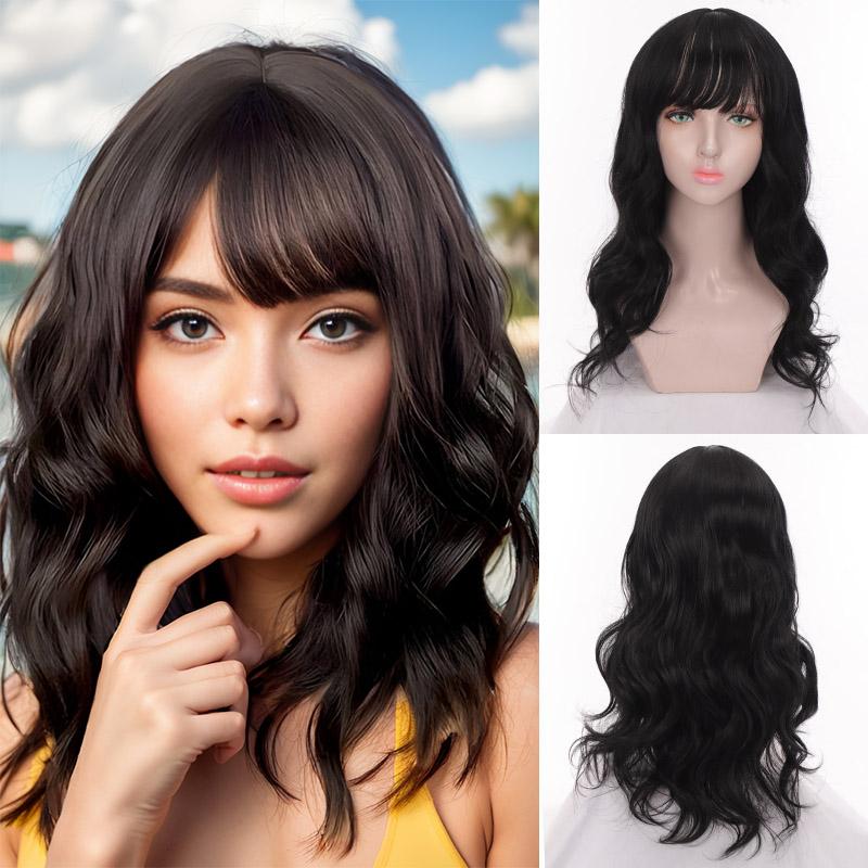 

Длинные волнистые парики с челкой для женщин, термостойкое волокно, синтетические вьющиеся парики для ежедневного использования