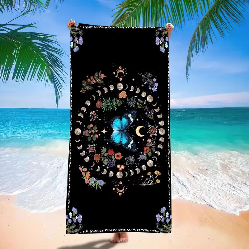 Mystical Floral Snake Beach Towel Dark Gothic Celestial Moon Star Rose Print Soft Absorbent Quick Dry Towel for Beach Swimming