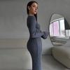 Women Elegant Solid Slim Long Sleeve Ribbed Knitted Dresses Autumn Winter Casual Basic V-neck Warm Sweater Dress