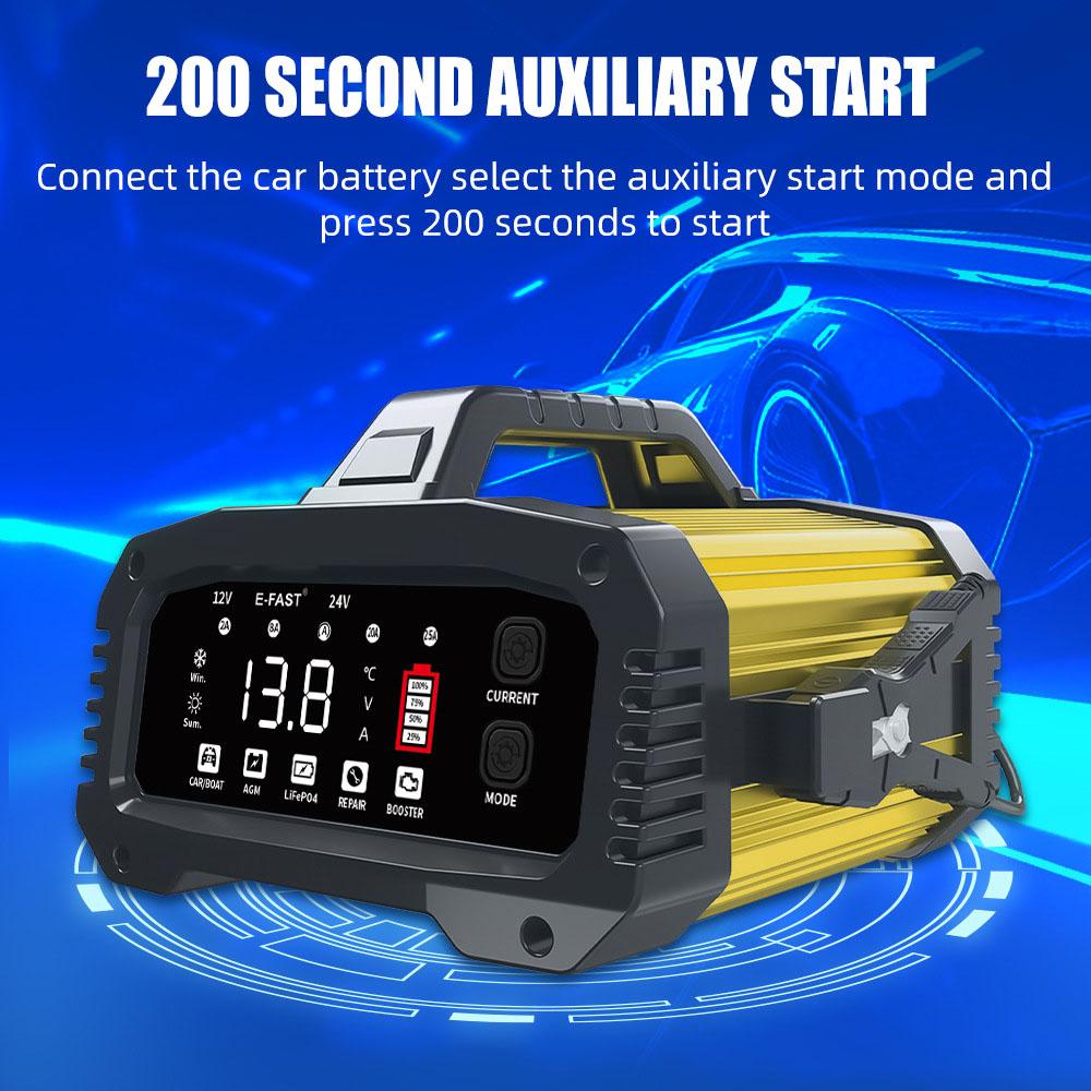 25A/15A Smart Car Battery Charger for 12V-24V Motorcycle Lead Acid AGM GEL LiFePo4 Batteries Portable Car Booster Pulse Repair