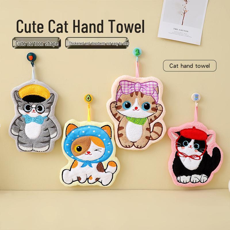 Cute Cat Coral Fleece Hand Towel - Hangable, Thick, Odorless, Absorbent, Quick-Drying Cloth for Kitchen & Bathroom.