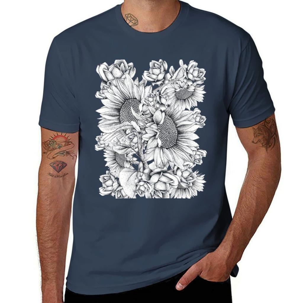 Black White Sunflowers And Roses Tshirt Antipilling Casual Tshirt