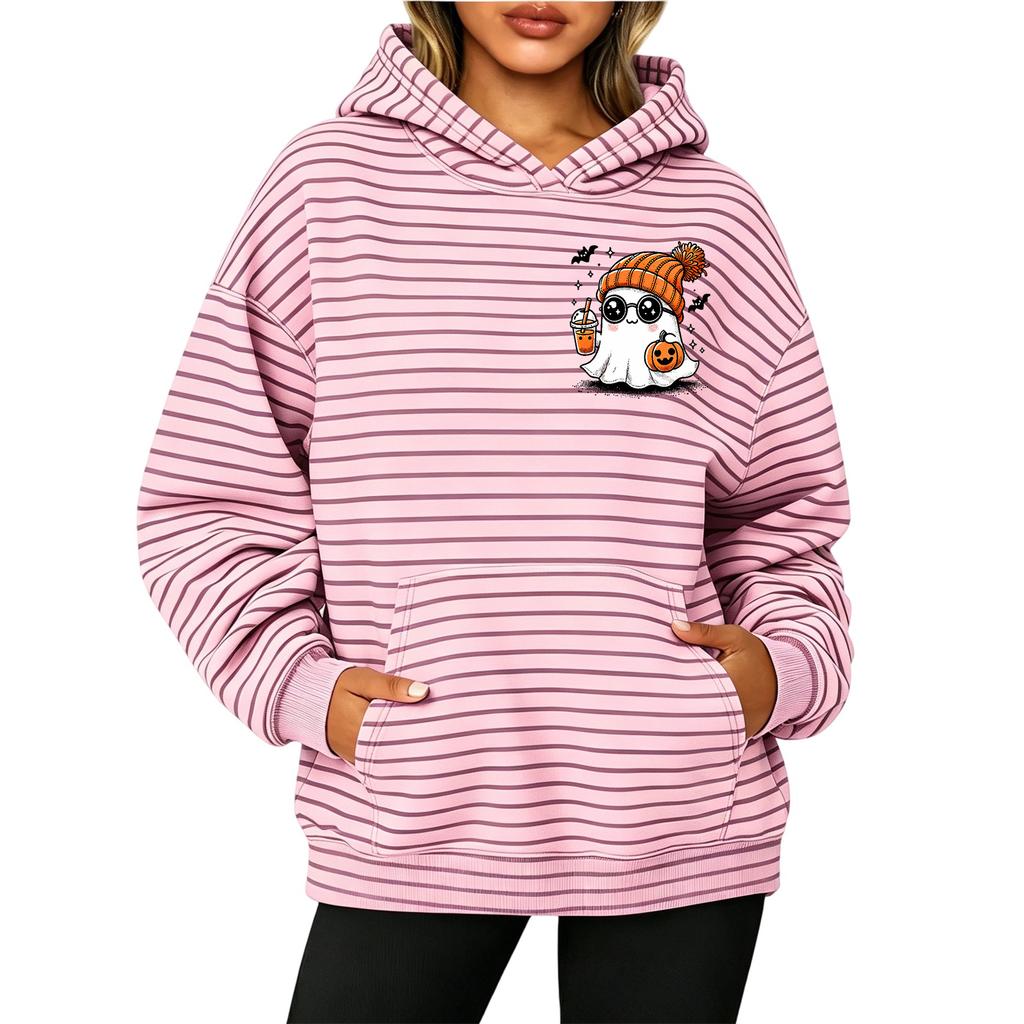 Women's Long Sleeve Striped Print Pullover Hoodie Sweatshirt with Pockets for Halloween
