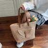 Yogodlns Women's Woven Straw Tote Bag Leather Patchwork Decor Large Capacity Casual Daily Beach Vacation Shoulder Handbag