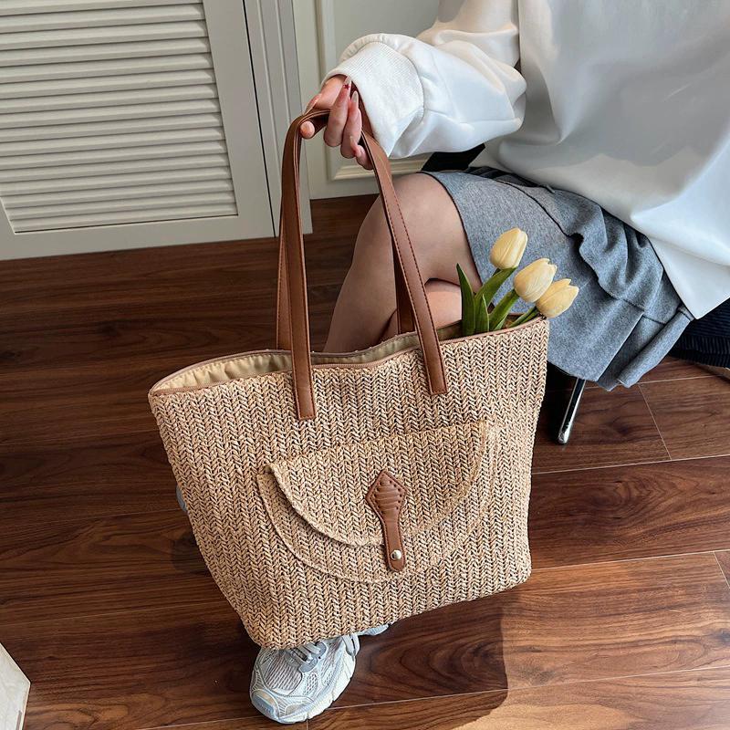 Yogodlns Women's Woven Straw Tote Bag Leather Patchwork Decor Large Capacity Casual Daily Beach Vacation Shoulder Handbag