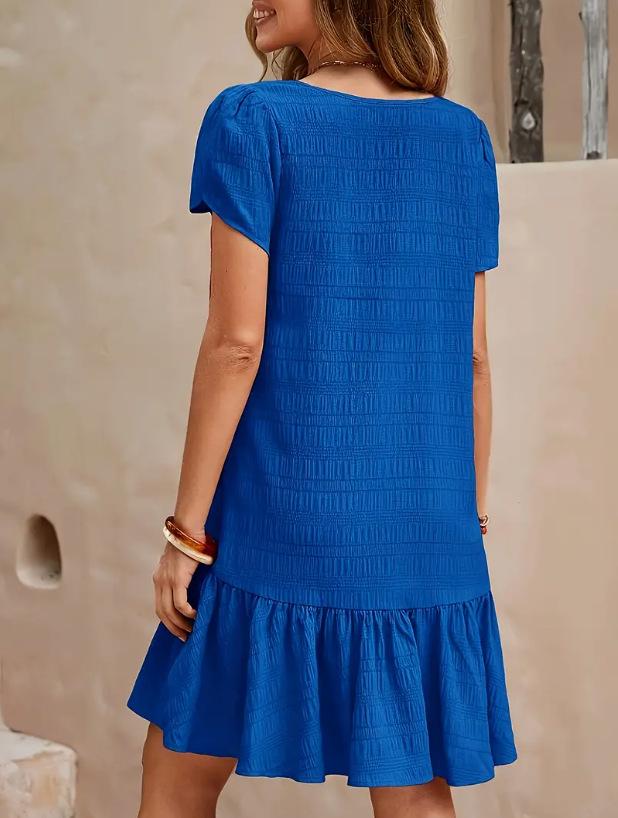 V-Neck Solid Color Loose Casual Short-Sleeved Dress