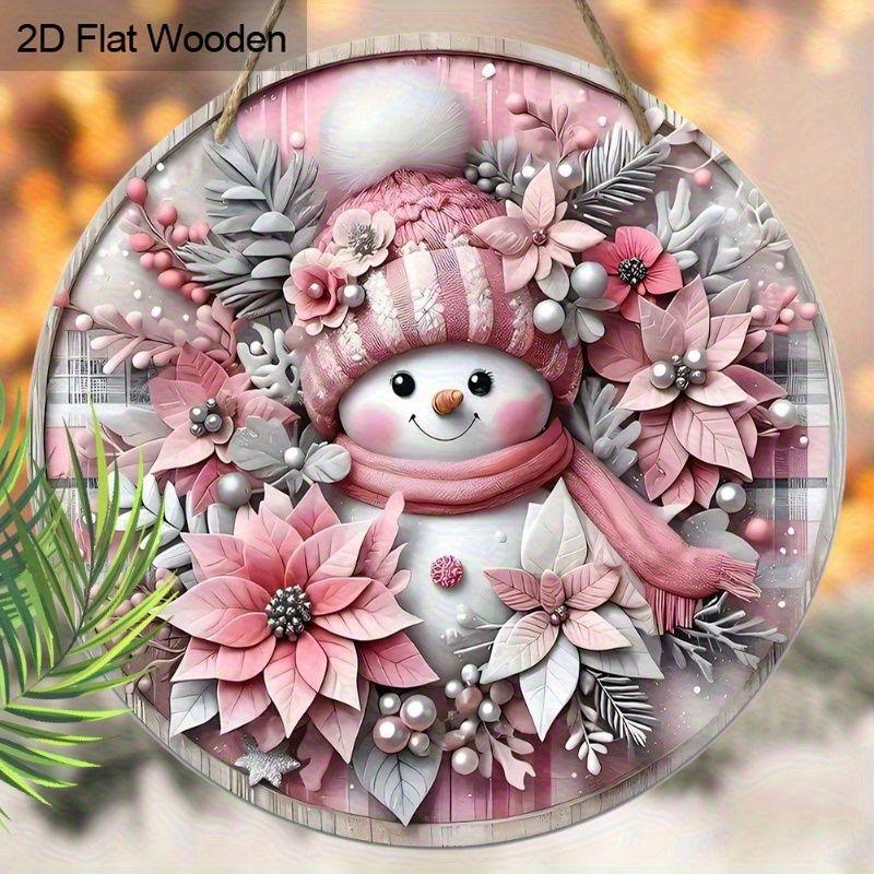Pink Snowman Poinsettia Christmas Round Wooden Hanging Sign, 2D Flat Printed Front Door Decor, Winter Floral Xmas Wall Ornament Gift