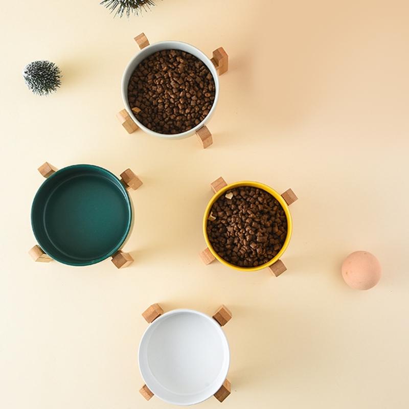 Antypoślizgowy Ceramiczny Zestaw Miseczek dla Zwierząt Podwyższony Drewniany Zestaw Podwójnych Misek Duża Pojemność Akcesoria do Karmienia Psów Kotów