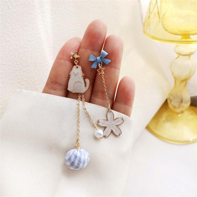 Cute Enamel Cat Balloon Stud Earrings for Women Korean Trendy Lovely Rabbit Flower Asymmetrical Tassel Earring Party Jewelry