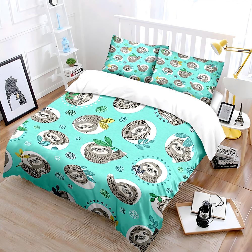 Cartoon Sloths With Leaf Designs Print Bedding Set 1 Duvet Cover 2 Pillowcases For Adult And Children Luxury Gift Full Size