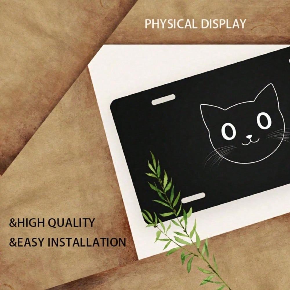 2D Flat White Cat Face License Plate Frame, Polished Aluminum Front Car Tag Cover, Universal 5.9x11.8 Inch Playful Decorative Ex