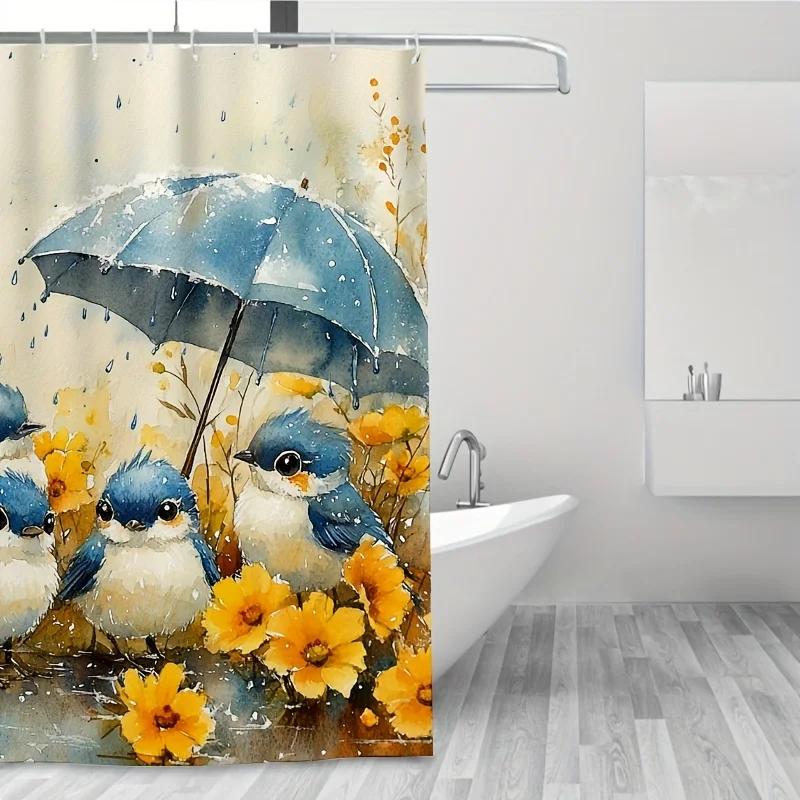 Cartoon Little Birds Shower Curtain - 71x71 Inch Polyester, 12 Hooks, Hand Wash, Ideal for Bathroom & Summer Home Decor