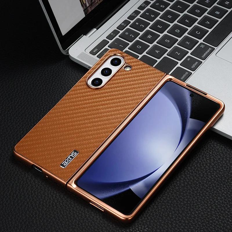 Capa com Padrão de Fibra de Carbono para Z Fold7 Fold 6 para Samsung Galaxy Z Fold 7 6 5 4 3 5G Moldura Galvanizada Capa Traseira para Celular Etui