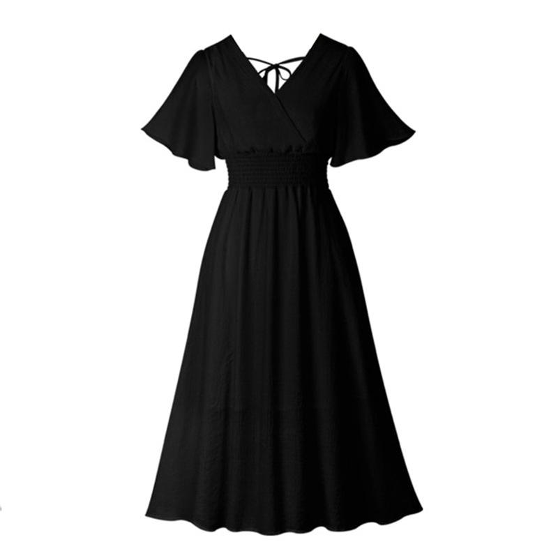 Summer Elegant Women Solid Short Sleeve Fashion Bandage Pleated Midi Dress