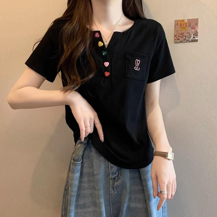 Summer Pure Cotton Irregular Solid T Shirts Women‘s V-neck Short-sleeve T-shirt Casual Slim Elastic Skinny Y2k Top Women Clothes