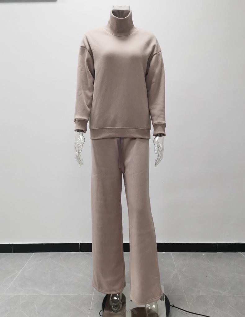 2025 European Style Brown Two-Piece: Long Sleeve High Neck Hoodie & Elegant Wide-Leg Pants