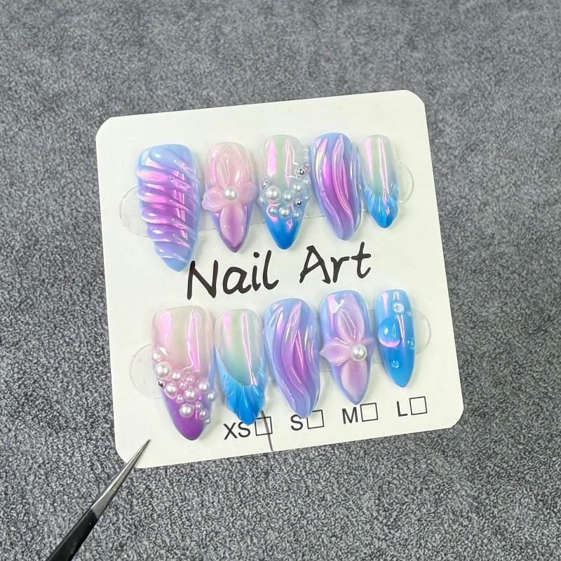 3D Floral Embossed Acrylic Nail Tips With Holographic Sheen Ice-Transparent Pink Blush Pearlescent Design Handmade Wearable Extra Small