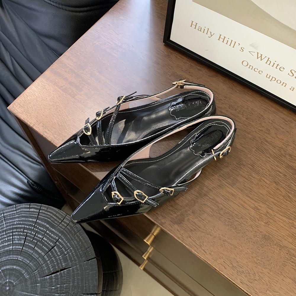 fashion Pointed Toe Women Sandals Narrow Band Low Flat Heeled Pink Black White Back Belt Buckle Summer Sandals Mules Shoes Woman Size 39