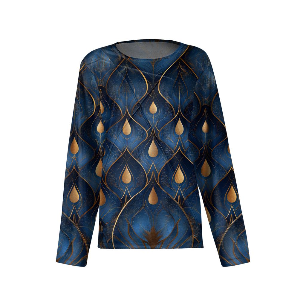 Mote Dame Langermet Rund Hals Casual Plissert Retro Blomstret Løs Topp