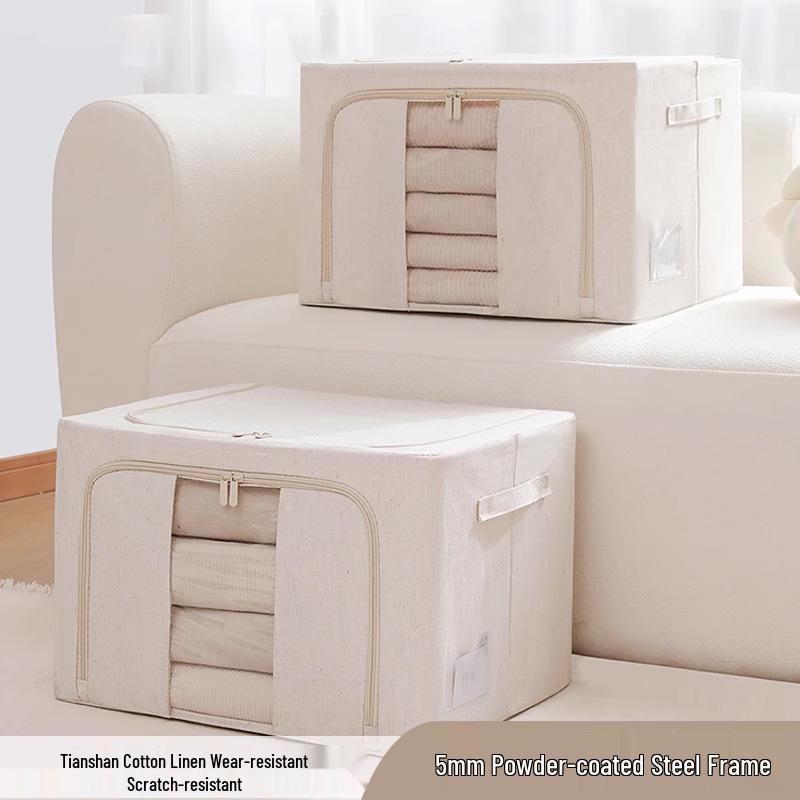 Tianshan Foldable Cotton Linen Storage Box with Spray-Painted Steel Frame for Quilts and Wardrobes