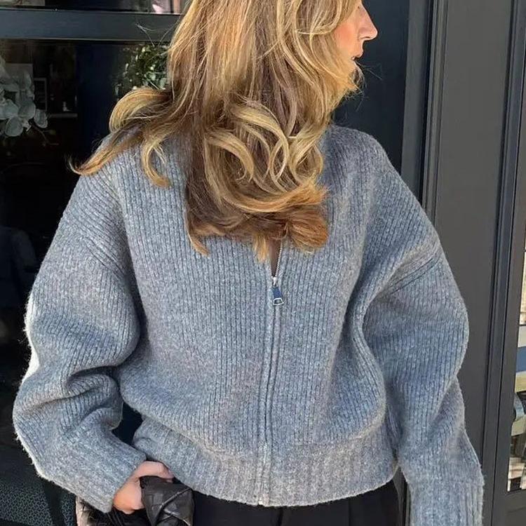 In-stock Gray Zip-up Sweater for Women, 2024 Autumn/winter Casual Elegant Commuter Long-sleeve Knit Cardigan