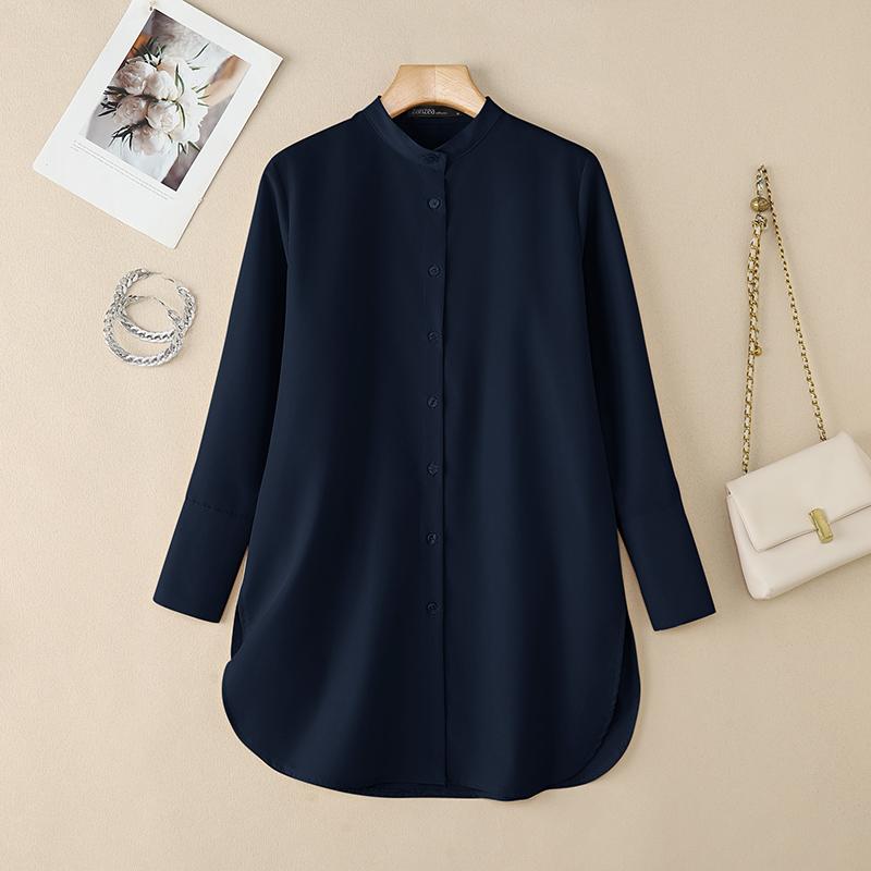 

ZANZEA Женская повседневная блузка с круглым вырезом, однотонная, свободного кроя, с длинным рукавом 2XL тёмно-синий