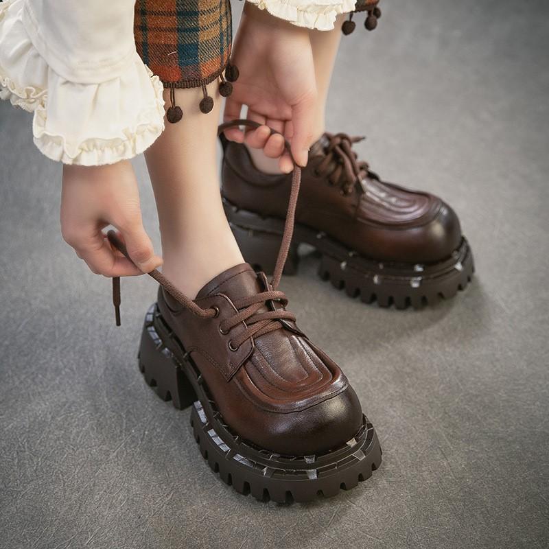 Johnature Britischer Stil Schnürschuhe Runde Spitze Dicke Sohle Echte Leder Vielseitige Damen High Heels Pumps