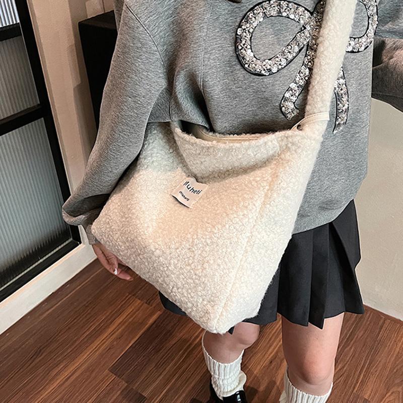 Women's Solid Color Imitation Sherpa Warm Plush Shoulder Bag with Inner Pocket Vintage Crossbody Handbag for Work & Travel KTY