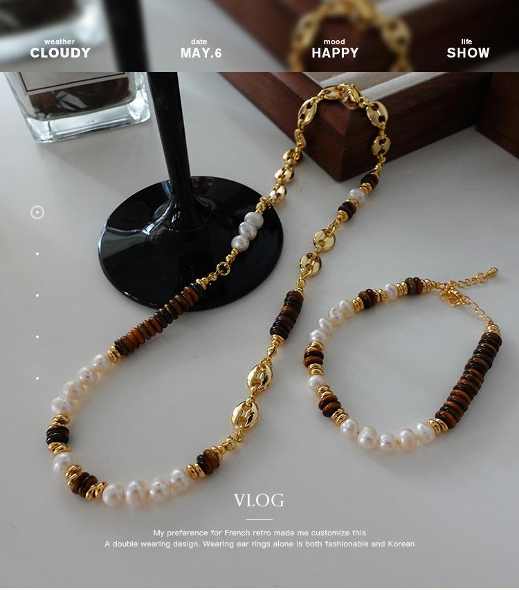 Natural Freshwater Pearl & Tiger Eye Bohemian Necklace - Autumn/Winter French Retro Clavicle Chain for Women