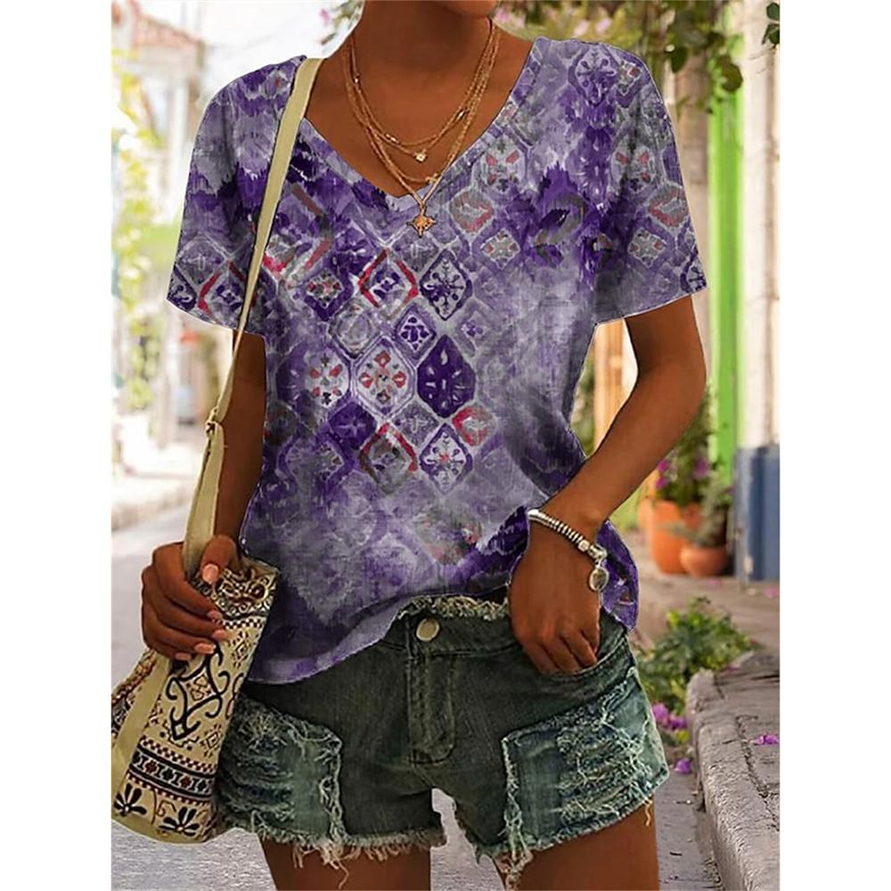 

Літні жіночі футболки 3d кольоровий градієнтний графічний принт Fsahion Повсякденні футболки з короткими рукавами та V-подібним вирізом Футболки великого розміру Жіночий одяг 3XL