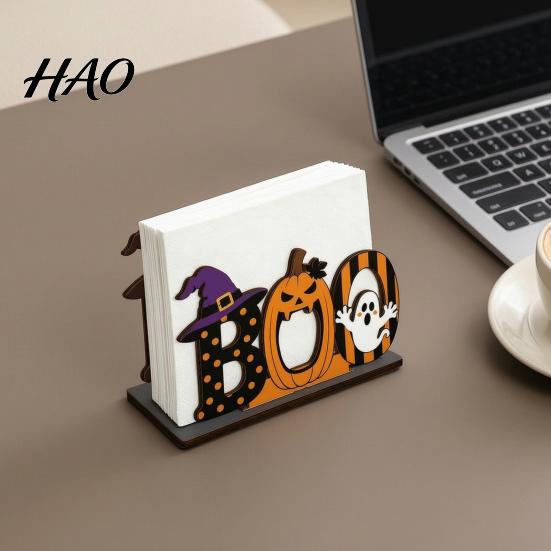 Indoor Halloween Ornaments Wooden BOO Napkin Holder, Cartoon Ghost Pumpkin Witch Hat Paper Towel Window Display Ornament Wood Table Centerpiece