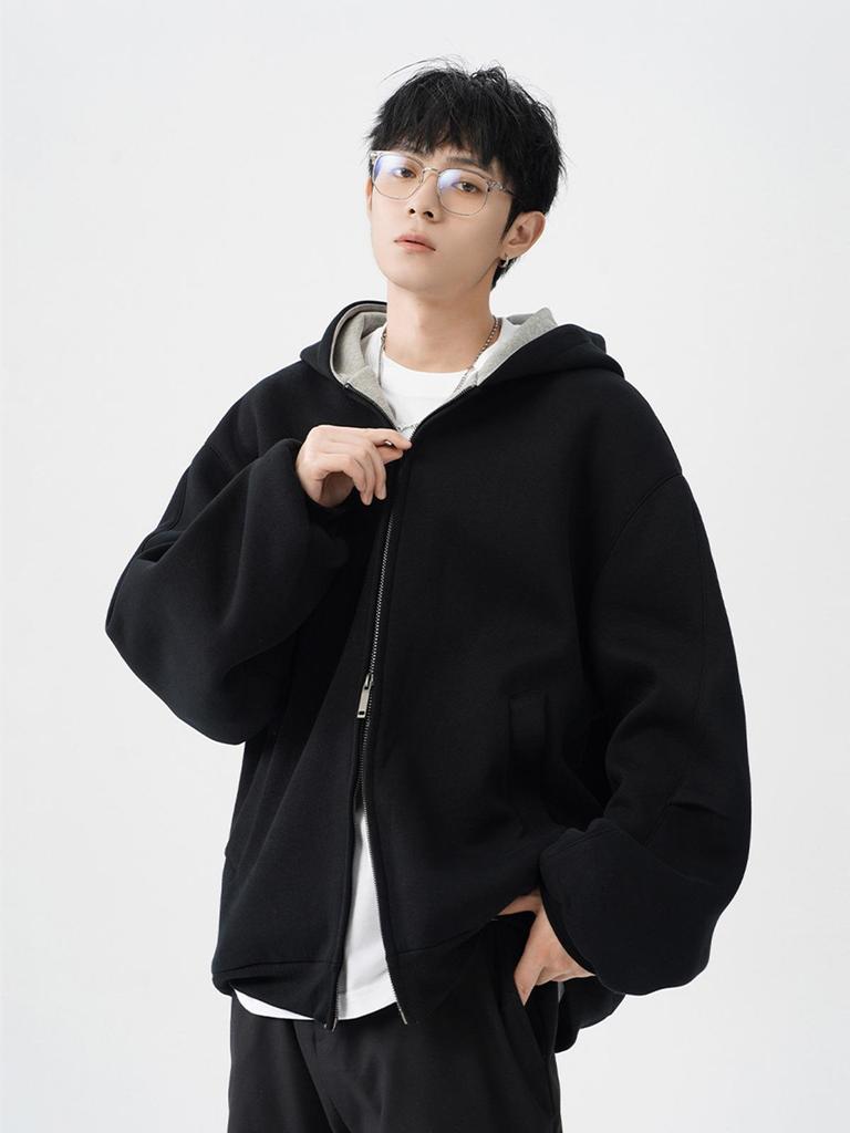 Men's Heavyweight Color Block Hoodie Jacket - Autumn/Winter Casual Thickened Double Zipper Cardigan