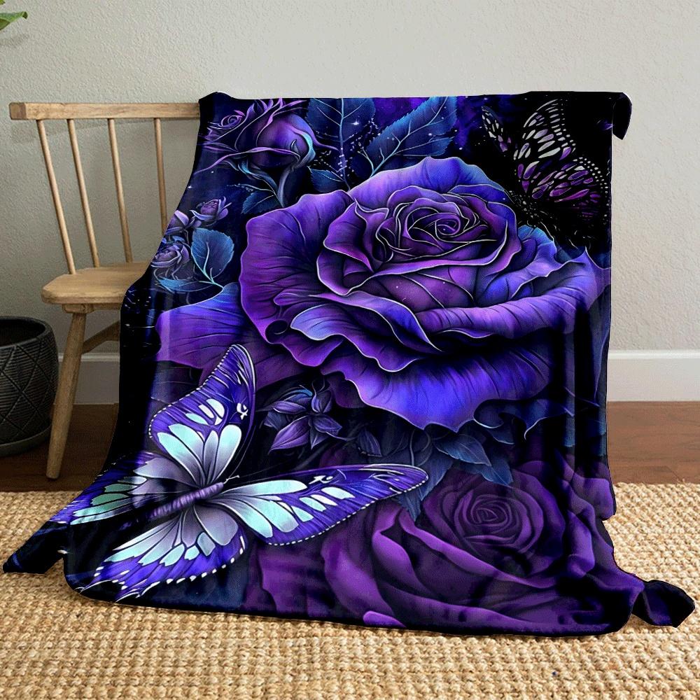 Purple Roses and Butterflies Against a Dark, Starry, and Cosmic Background. for All Seasons Blanket Lunch Break Throw Gift
