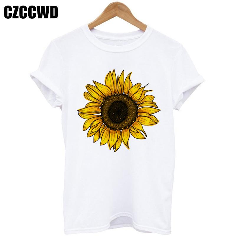 Sunflower Bee Kind Yellow Women Tshirt Aesthetics Graphic Short Sleeve Cotton Polyester T Shirts Female Camisetas Verano Mujer